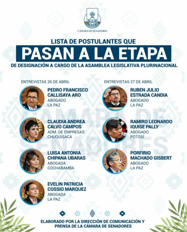 Siete postulantes a Defensor del Pueblo serán evaluados por la Asamblea Plurinacional 
