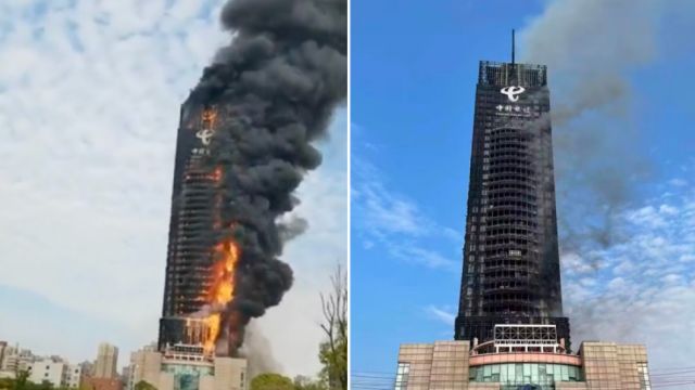 FOTOS, VIDEOS: Un rascacielos en China se incendia completamente en poco tiempo