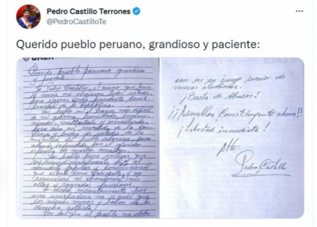 En carta, Pedro Castillo se declara "secuestrado" y tacha de "usurpadora" a Dina Boluarte