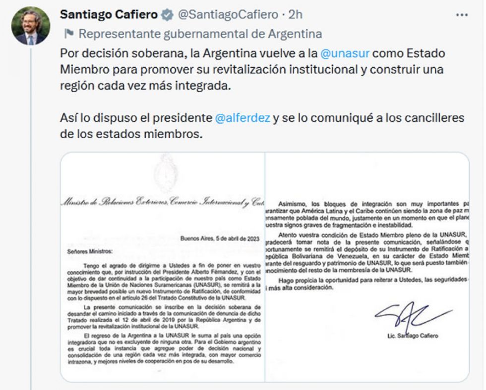 Argentina confirma retorno a la Unasur