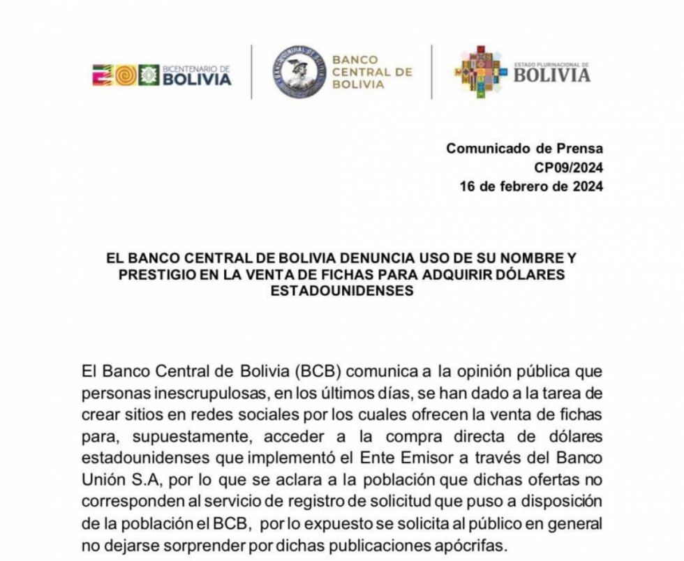BCB denuncia uso de su nombre en venta de fichas para comprar dólares 
