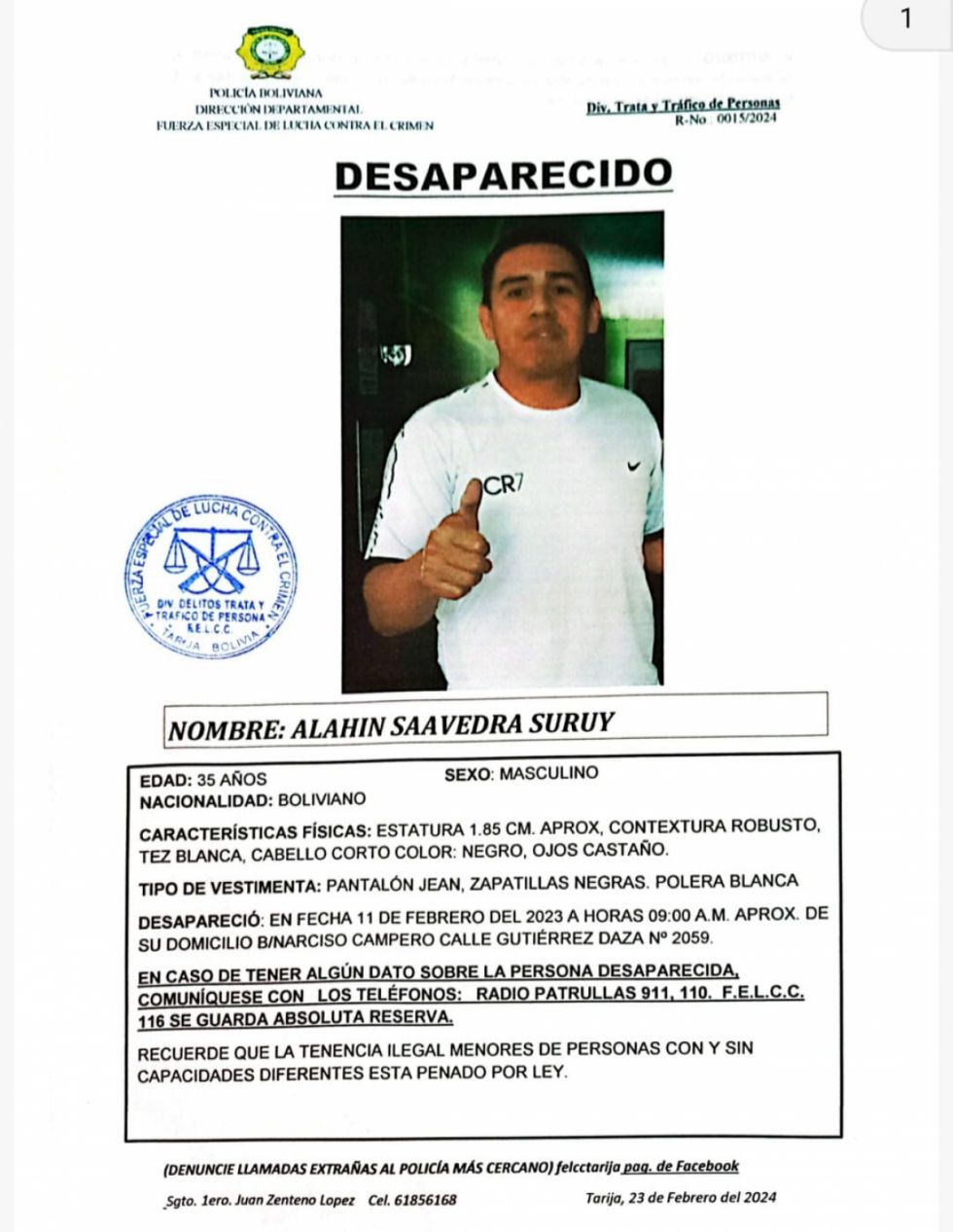 Tarija: Desaparece jugador de fútbol; la Policía y familiares intensifican su búsqueda