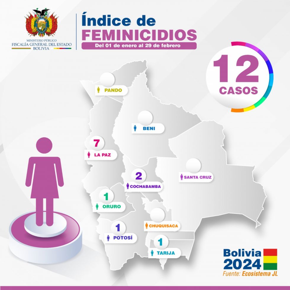 Bolivia registra 12 casos de feminicidio y 7 infanticidios en lo que va del 2024
