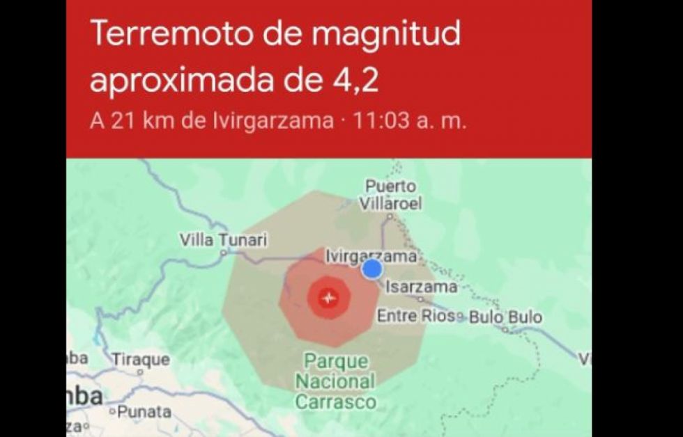 Reportan un temblor en el municipio de Chimoré