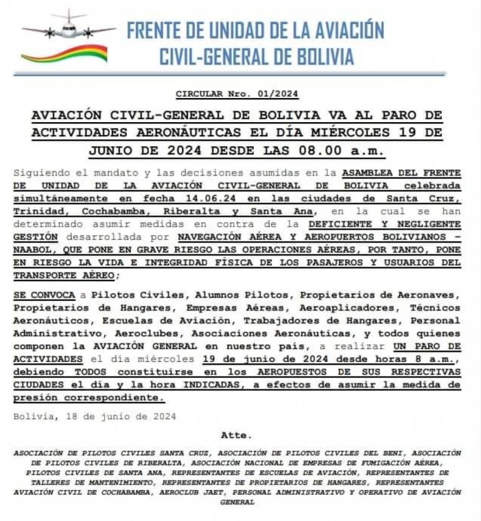 Pilotos civiles confirman paro de este miércoles 