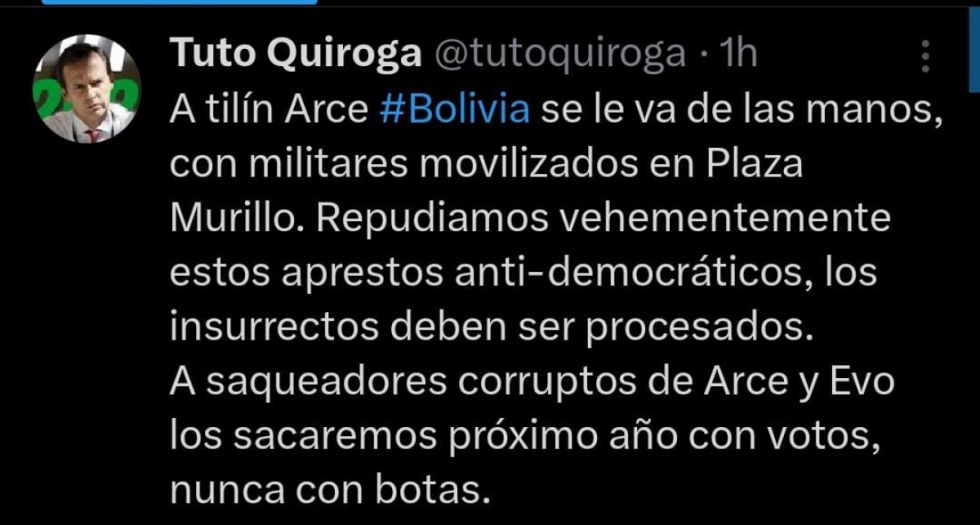 Tuto: "A Arce lo sacaremos con votos, nunca con botas" 