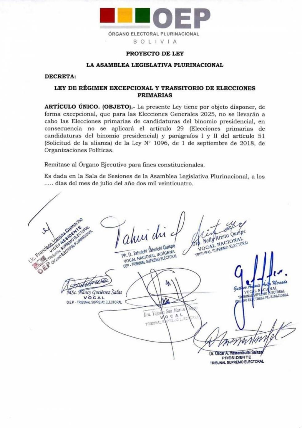 TSE entrega proyecto para suspender las primarias