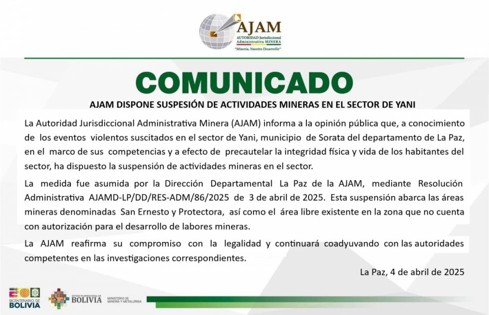 Suspenden actividades mineras en Yani