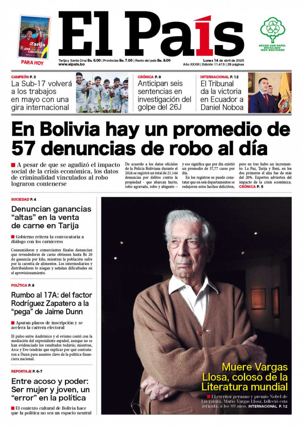 Los robos, la muerte de Vargas Llosa, la victoria de Noboa, la carne y más: lee las imprescindibles