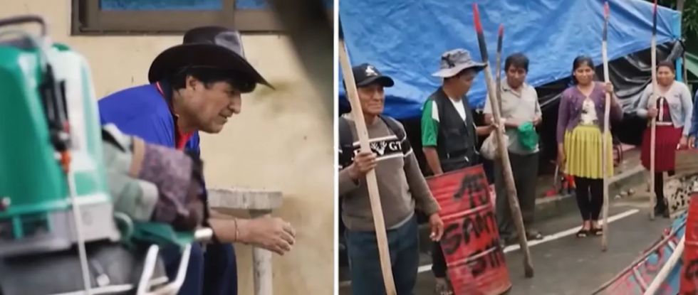 Escondido y resguardado por civiles con lanzas, así muestran a Evo Morales en el trópico