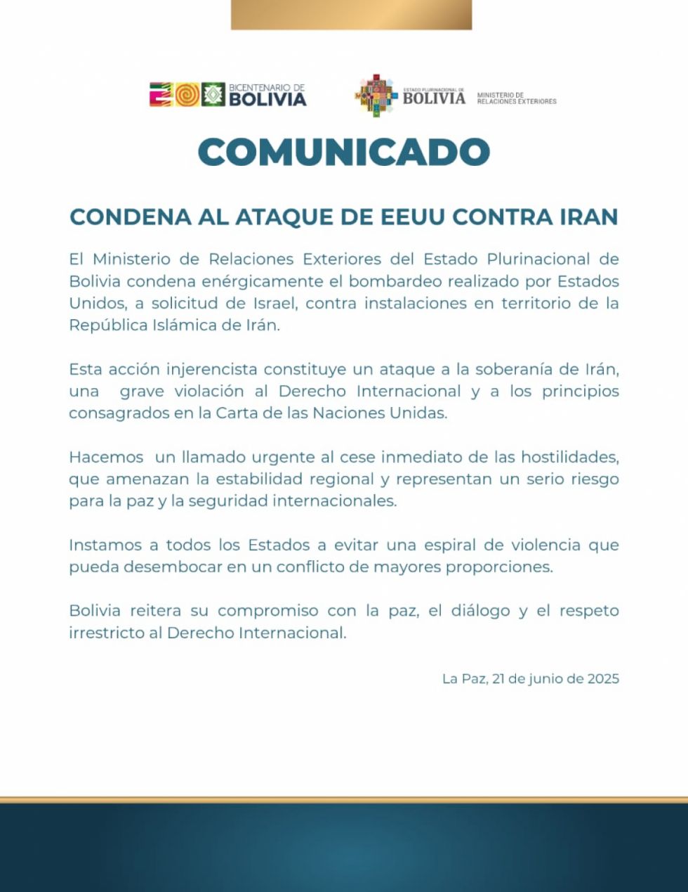 Cancillería repudia ataque de Estados Unidos a Irán 