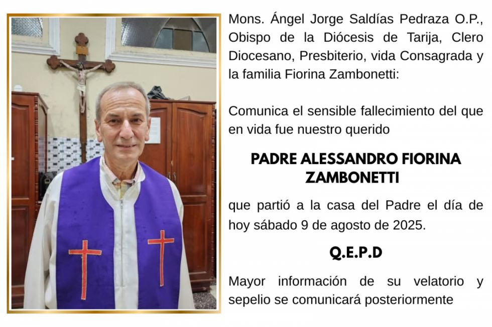 Diócesis de Tarija lamenta el fallecimiento del padre Alejandro Fiorina