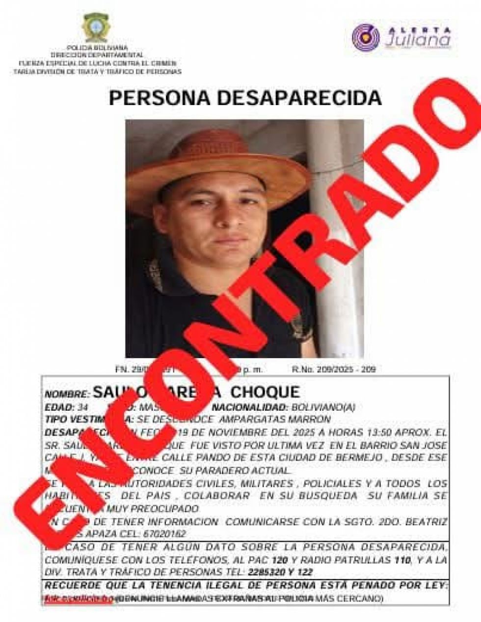 Confirman liberación de hombre secuestrado en Bermejo