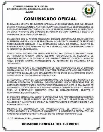 Ejército confirma cuatro fallecidos tras ataque en Huanuni