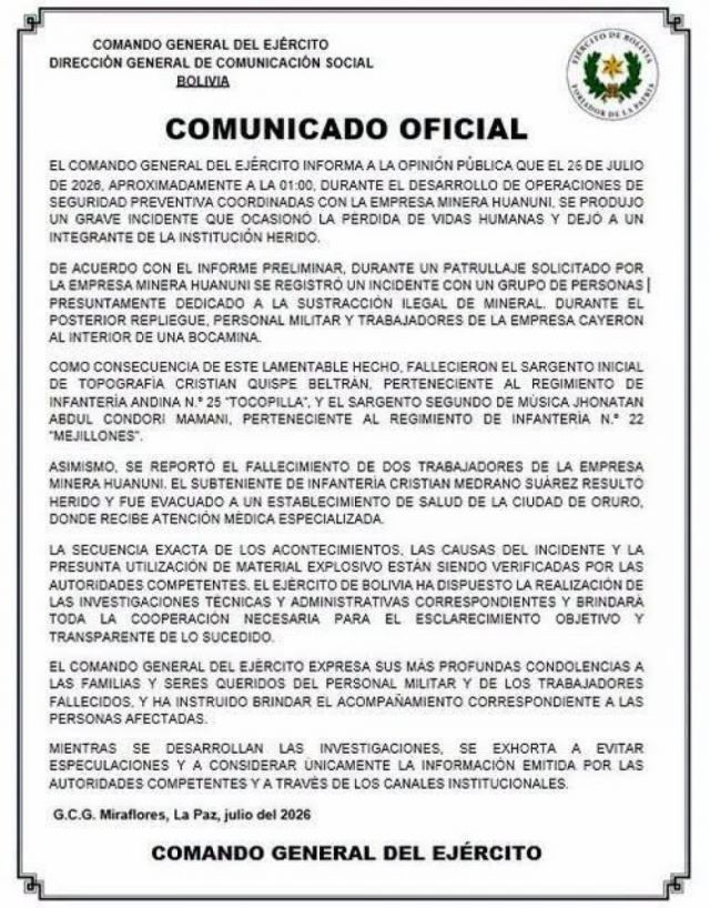 Ejército confirma cuatro fallecidos tras ataque en Huanuni