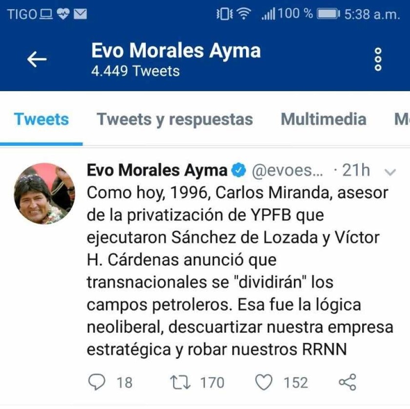 El tweet petrolero de Evo Morales