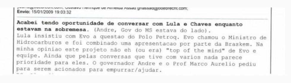 Email de Odebrecht menciona a Evo en intenciones de negocios vía Lula