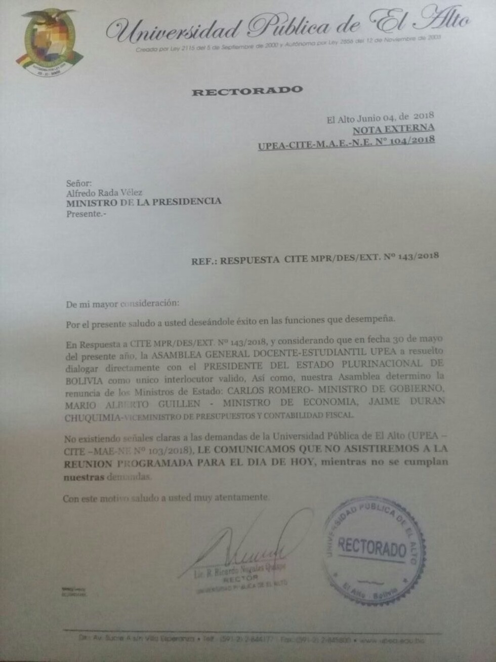 UPEA descarta asistir al diálogo con el Gobierno y mantiene puntos de bloqueo en El Alto