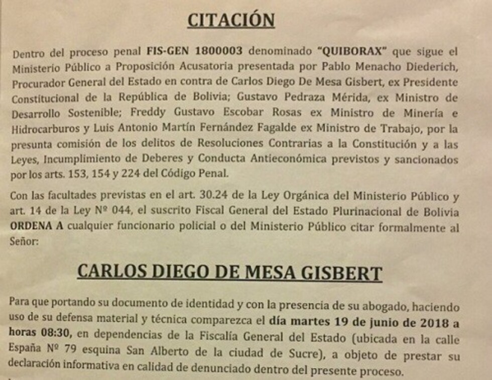 Mesa declarará el martes por caso Quiborax
