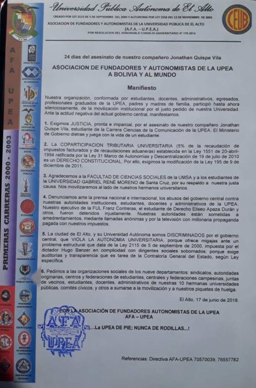 UPEA reactivará protestas este lunes y fundadores exigen aclarar asesinato de Jonathan