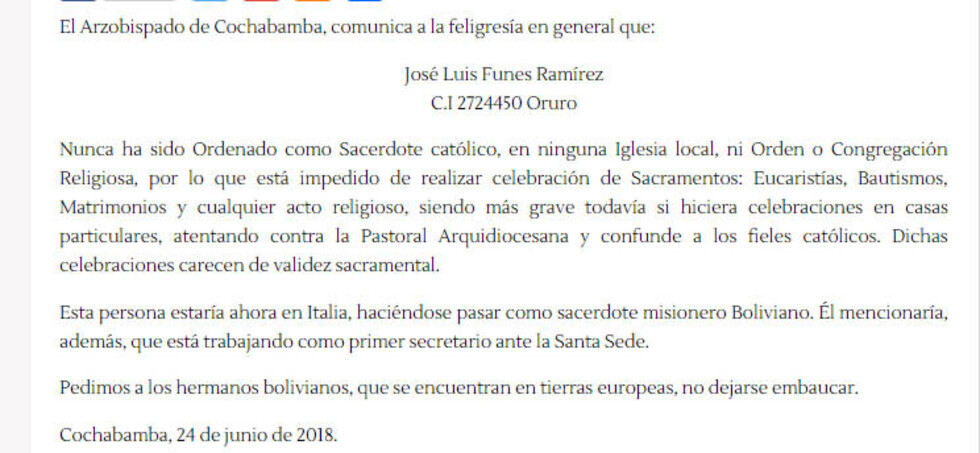 Denunciado de falso cura es primer secretario en la embajada de Bolivia ante el Vaticano