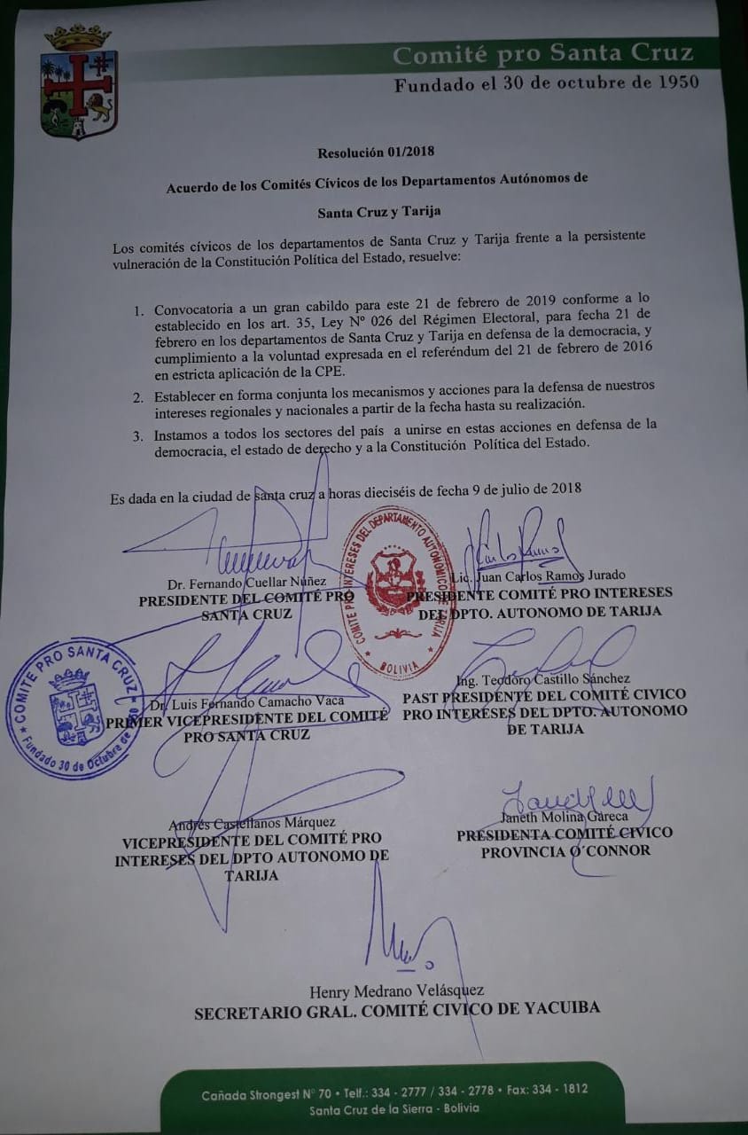 Cívicos de Tarija y Santa Cruz convocan a un cabildo en defensa de los resultados de 21F