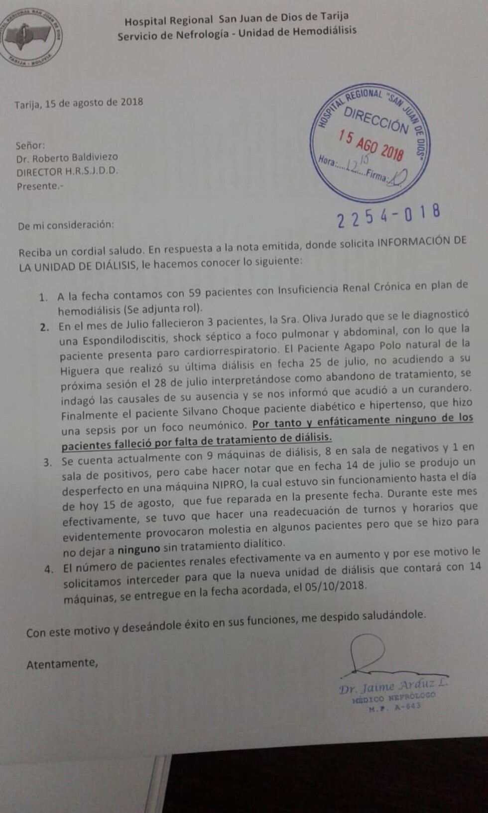 Médicos desmienten muerte de 5 enfermos renales por falta de atención del HRSJD
