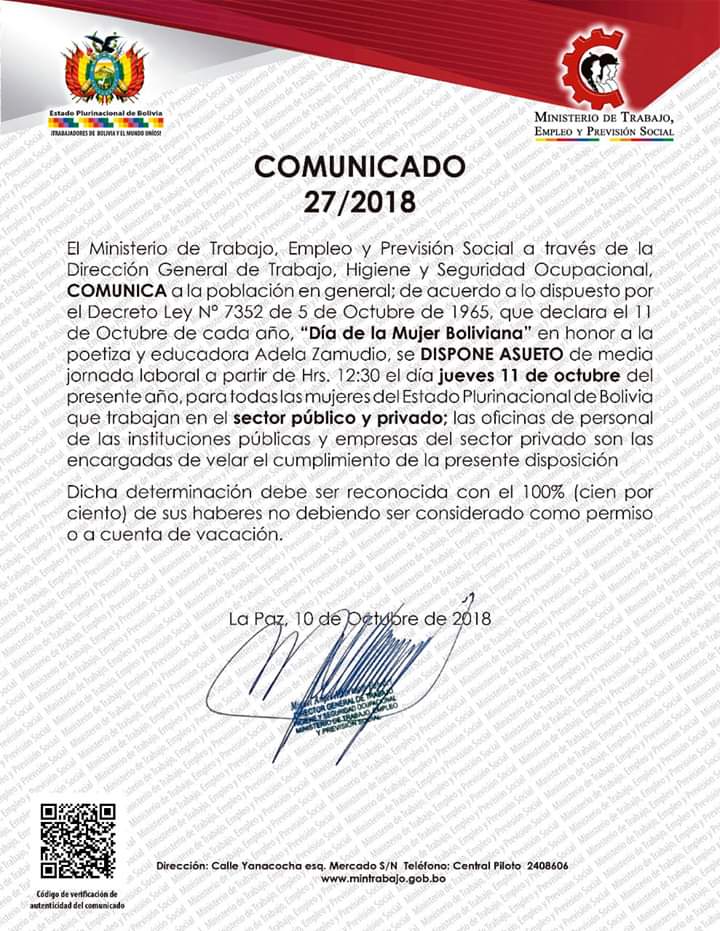 Ministerio de Trabajo declara asueto por el Día de la Mujer Boliviana