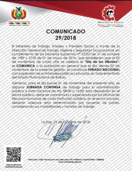 Trabajo dispone horario continuo el jueves y ratifica feriado para el viernes por Todos Santos