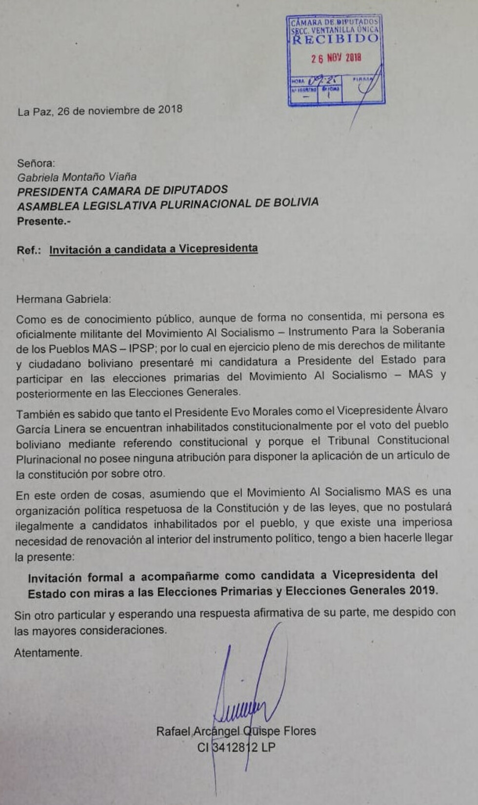 Quispe invita formalmente a Montaño para ser su “vice”