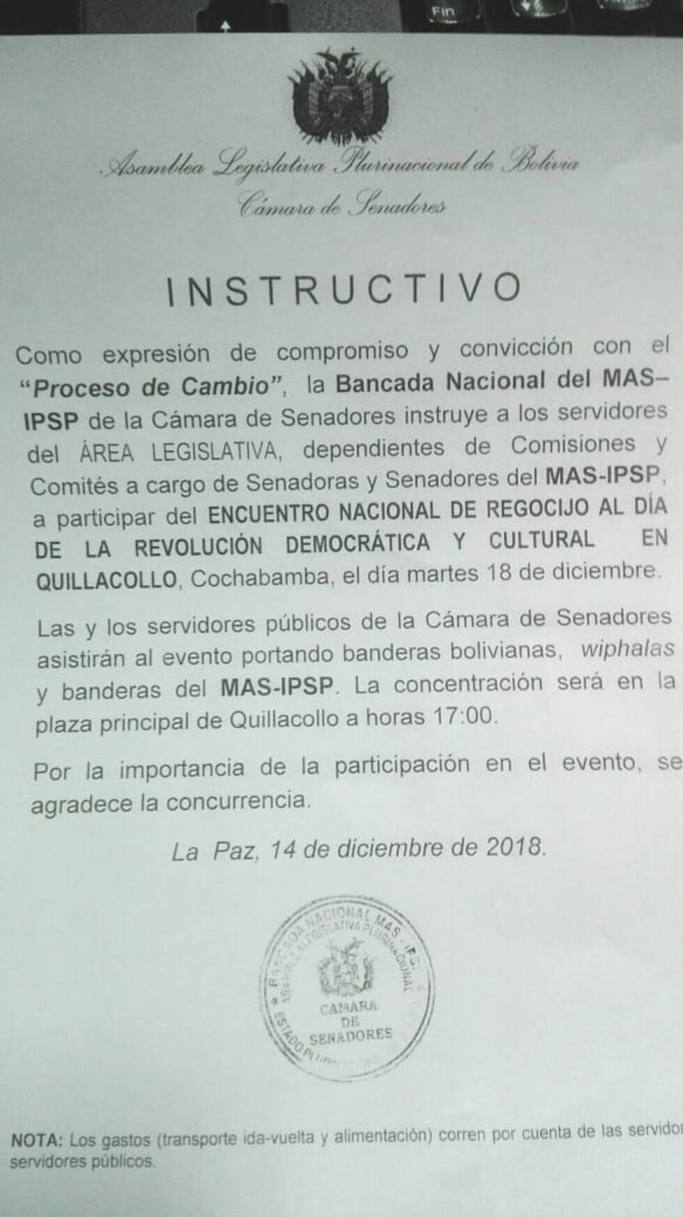Instruyen a funcionarios del Senado ir a la celebración por los 13 años de Gobierno