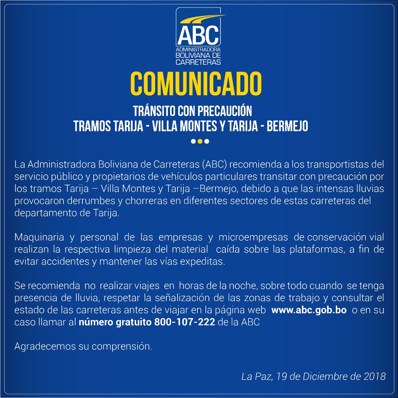 ABC recomienda precaución por deslizamientos en algunas rutas de Tarija