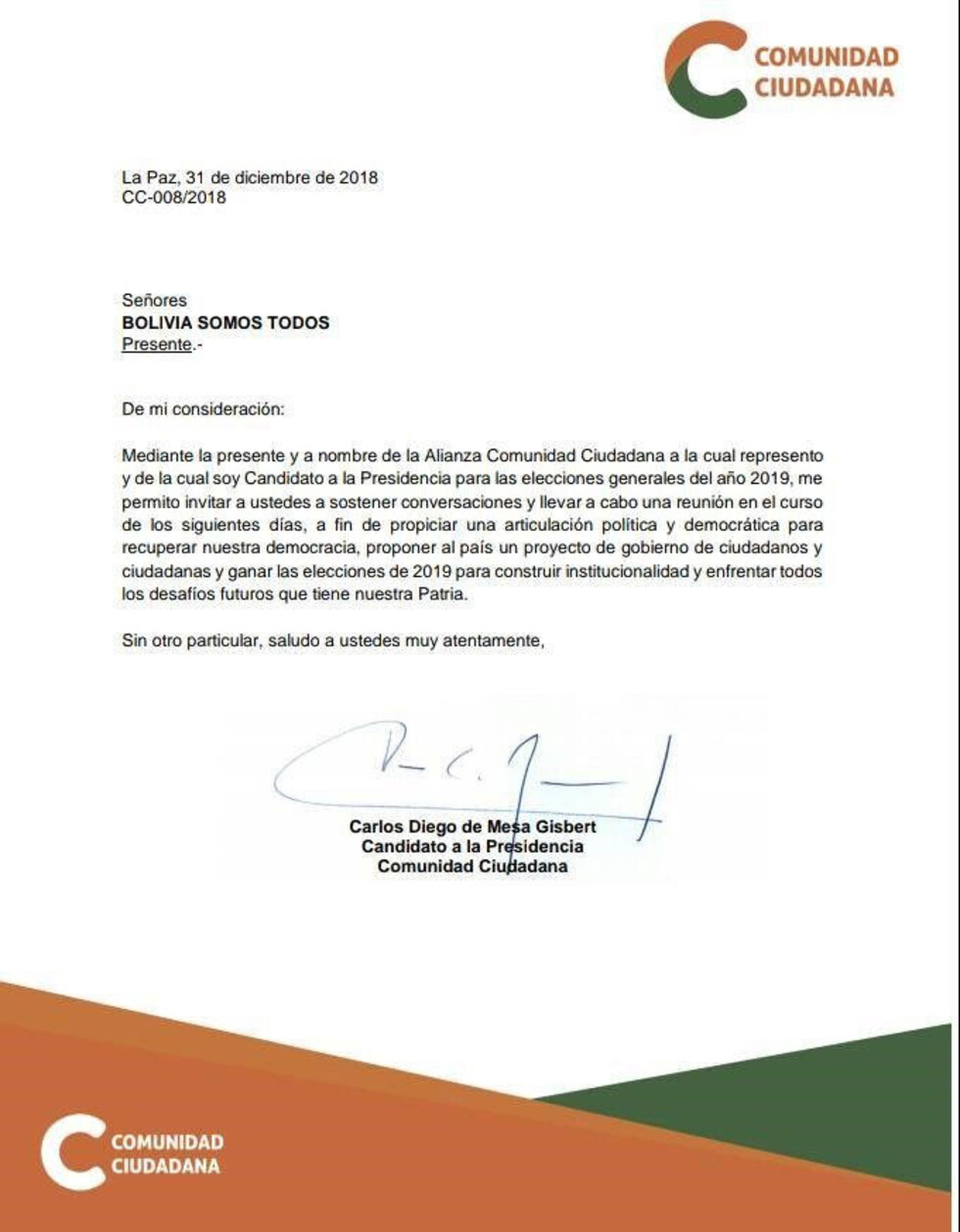 Mesa invita a agrupación de disidentes del MAS para formar alianza