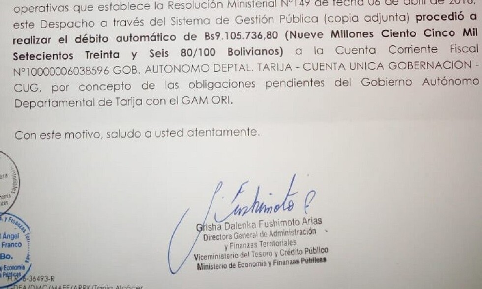 Gobierno debita el 1% para Uriondo y San Lorenzo