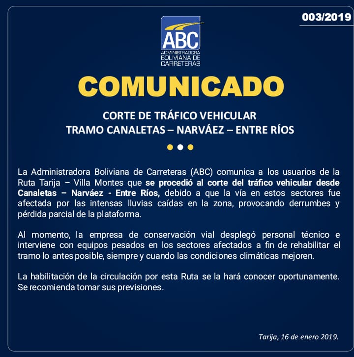La ABC interrumpe la ruta Tarija-Villa Montes debido a derrumbes y caída de plataforma