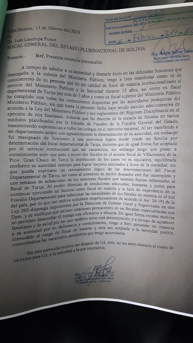 Gilbert Muñoz se va "irrevocablemente" de la Fiscalía. (Carta completa)