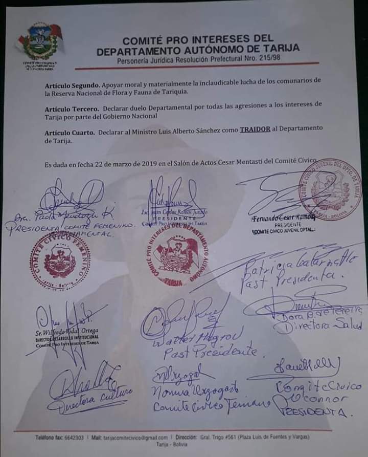 Comité Cívico determina paro cívico movilizado el miércoles 27 de marzo por Tariquía