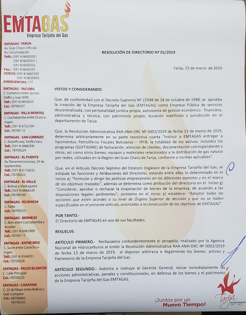Emtagas rechaza de manera contundente la transferencia de activos a ANH