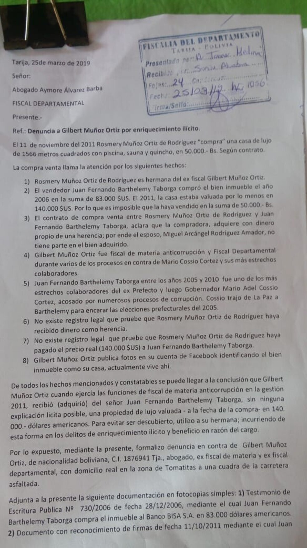 Ex fiscal departamental, Gilbert Muñoz, es denunciado por enriquecimiento ilícito