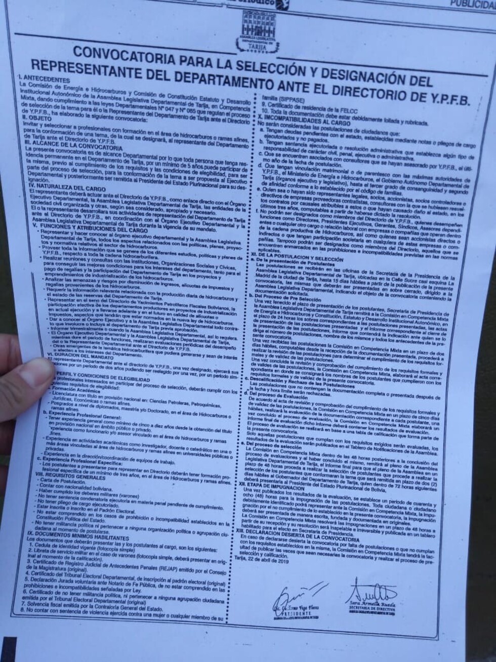 Hoy vence el plazo de postulación a representante por Tarija al directorio de YPFB