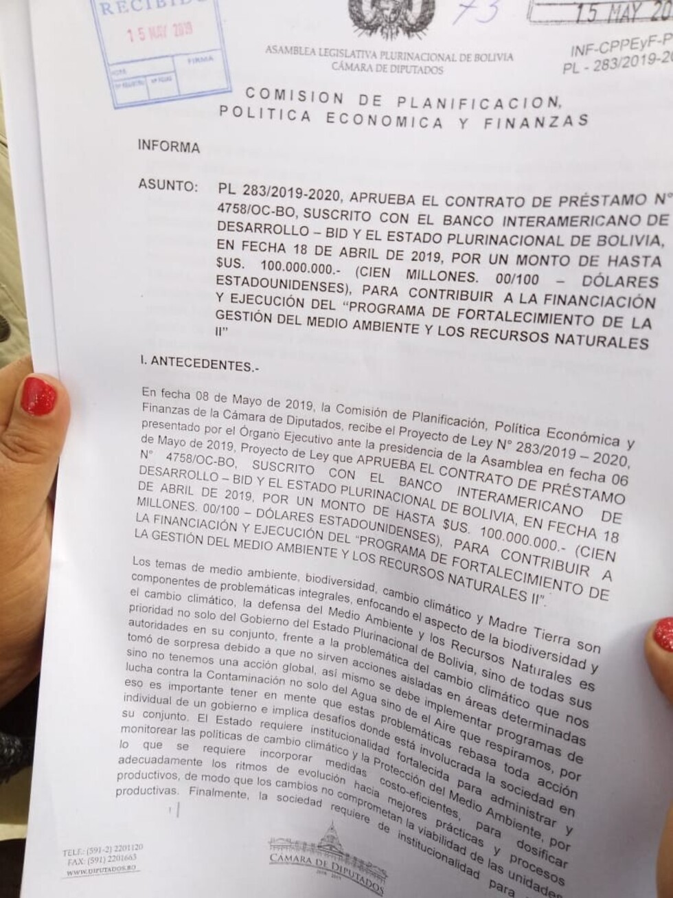 Bolivia contrajo préstamo de $us 100 millones para programa de fortalecimiento al medio ambiente, oposición afirma "doble discurso"