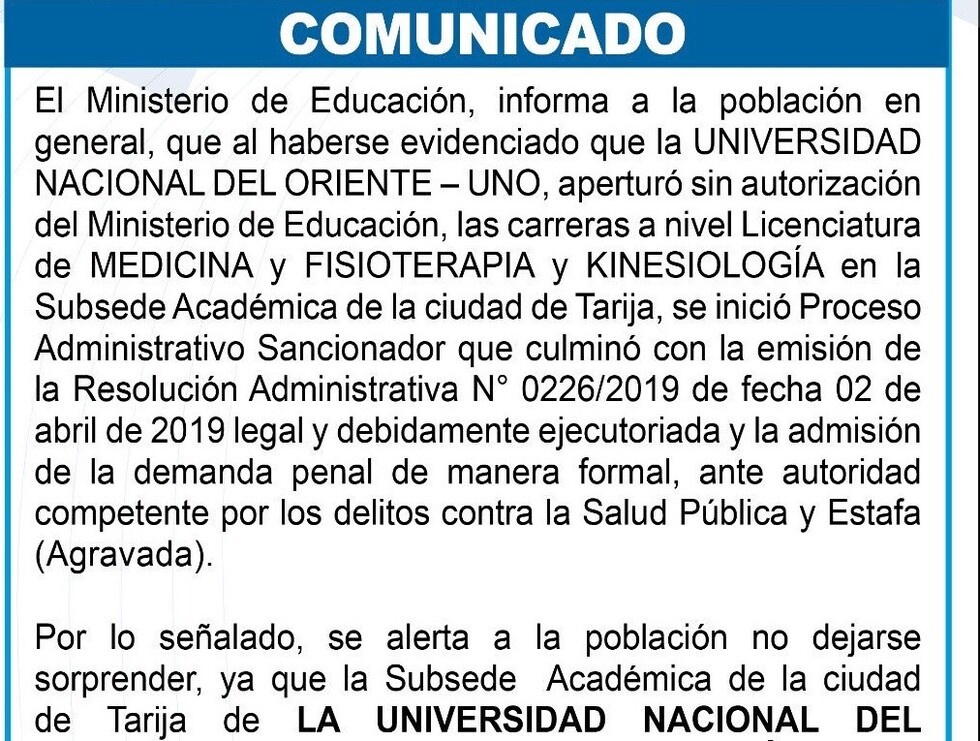 Ministerio de Educación inicia proceso contra la UNO