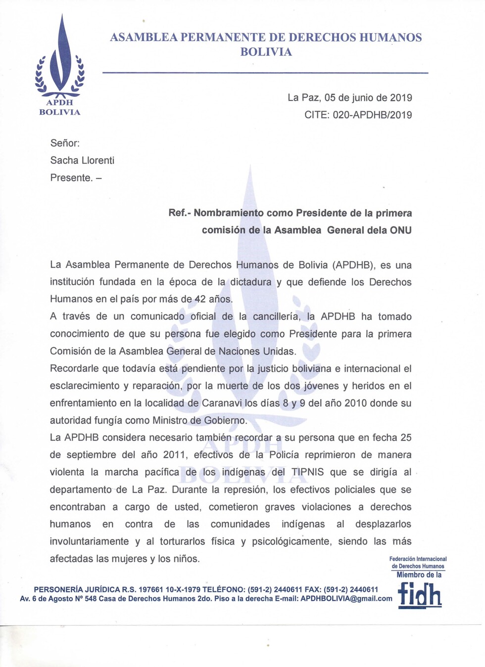 APDHB pide renuncia y rechaza presidencia de LLorenti en Primera Comisión de la ONU