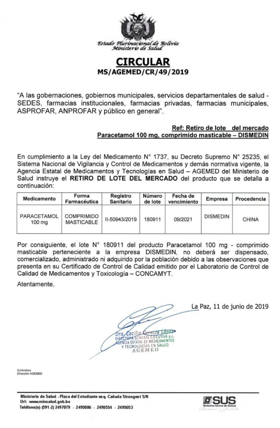 Ministerio de Salud retira del mercado Paracetamol de 100 mg por observaciones de calidad