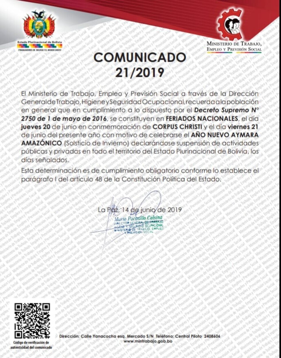 Se suspenden actividades por feriados nacionales del 20 y 21 de junio