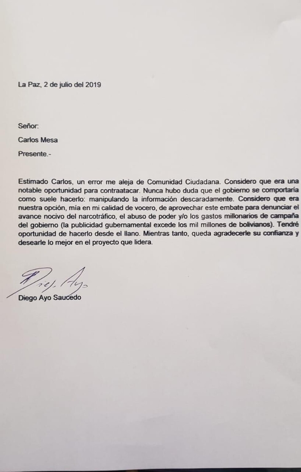 Mesa acepta la renuncia de Ayo; el vocero se aleja de Comunidad Ciudadana por un "error"