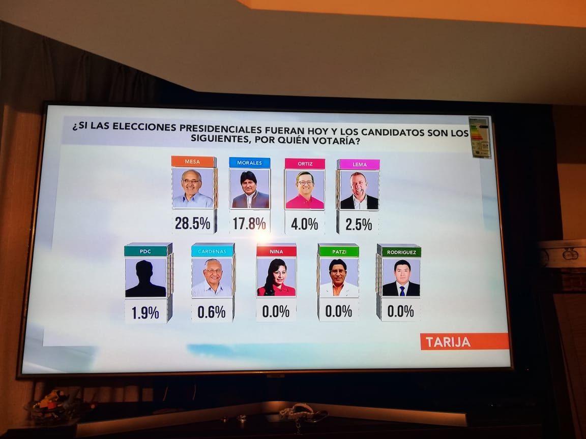 Nuevo sondeo: Evo roza el 40%, Mesa 22% y Ortíz se frena en el 9,5%