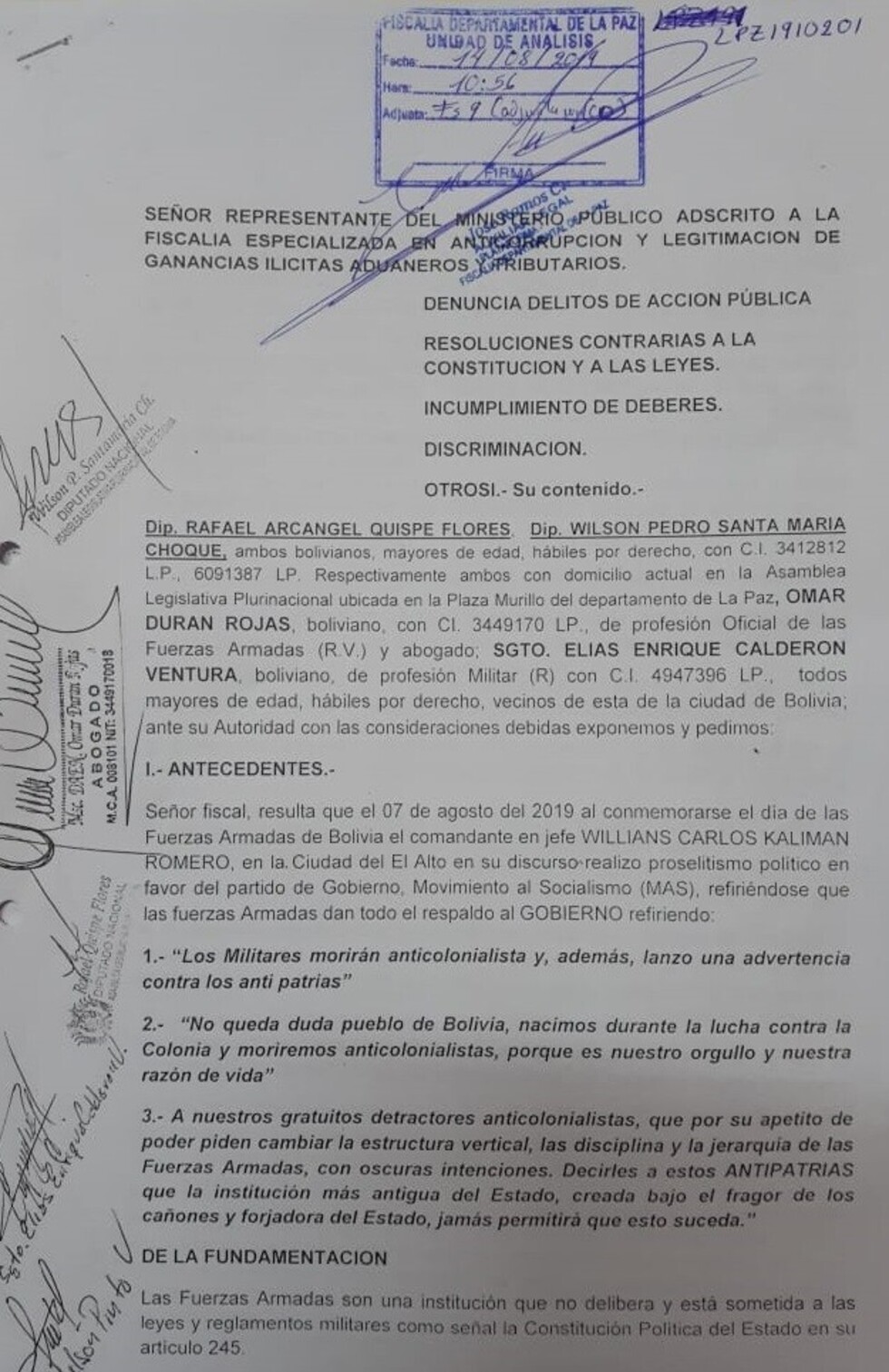 Presentan denuncia contra Comandante de las FFAA por incitar al odio y racismo