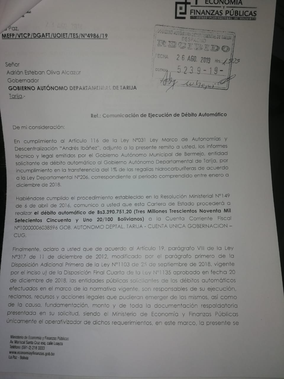 Más débitos: Bermejo quiere cobrar Bs 6,8 millones antes de la reducción de presupuesto