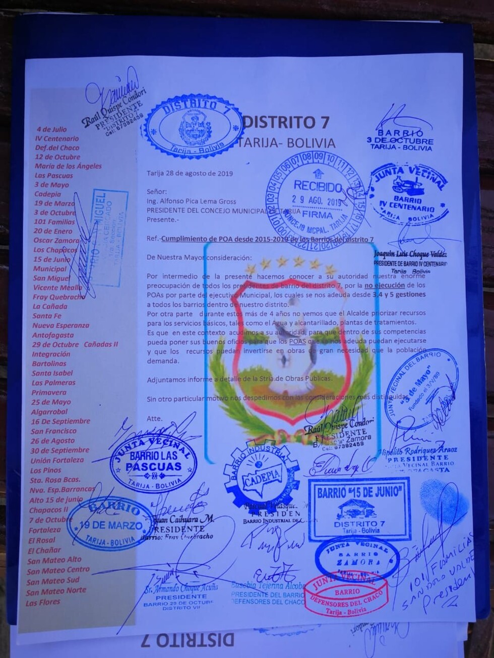 Distrito 7 exige al Municipio de Tarija cumplir con POA 2015-2019